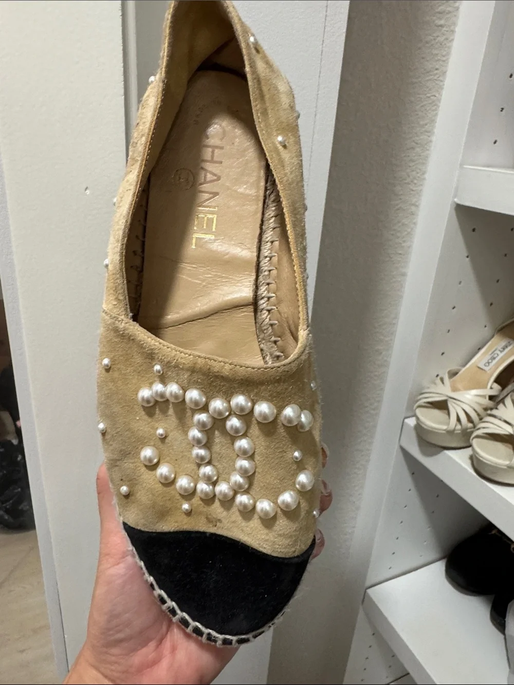 CHANEL Beige and Black Pearl-Embellished Suede Espadrilles